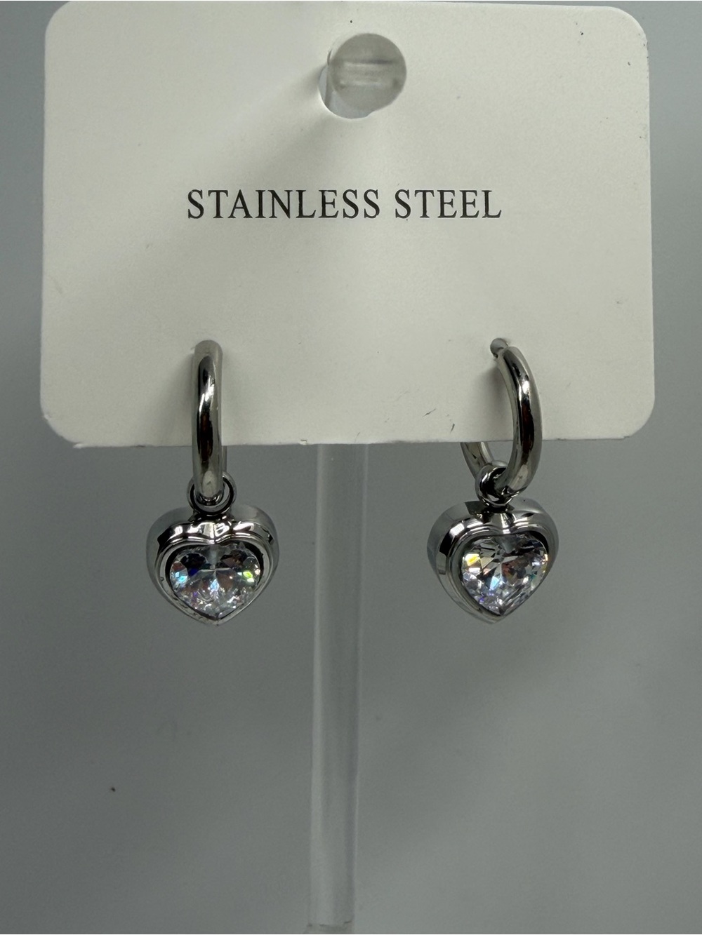 Silver Stainless dangle Heart shapes Earrings with Clear Crystal hoops